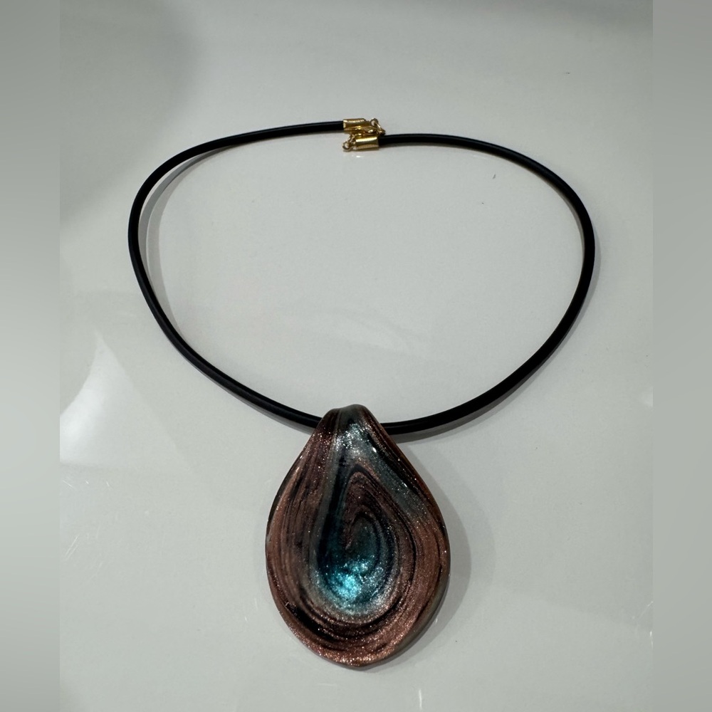 Murano Glass Elegant Teardrop Blue and Sparkling Brown Pendant Necklace